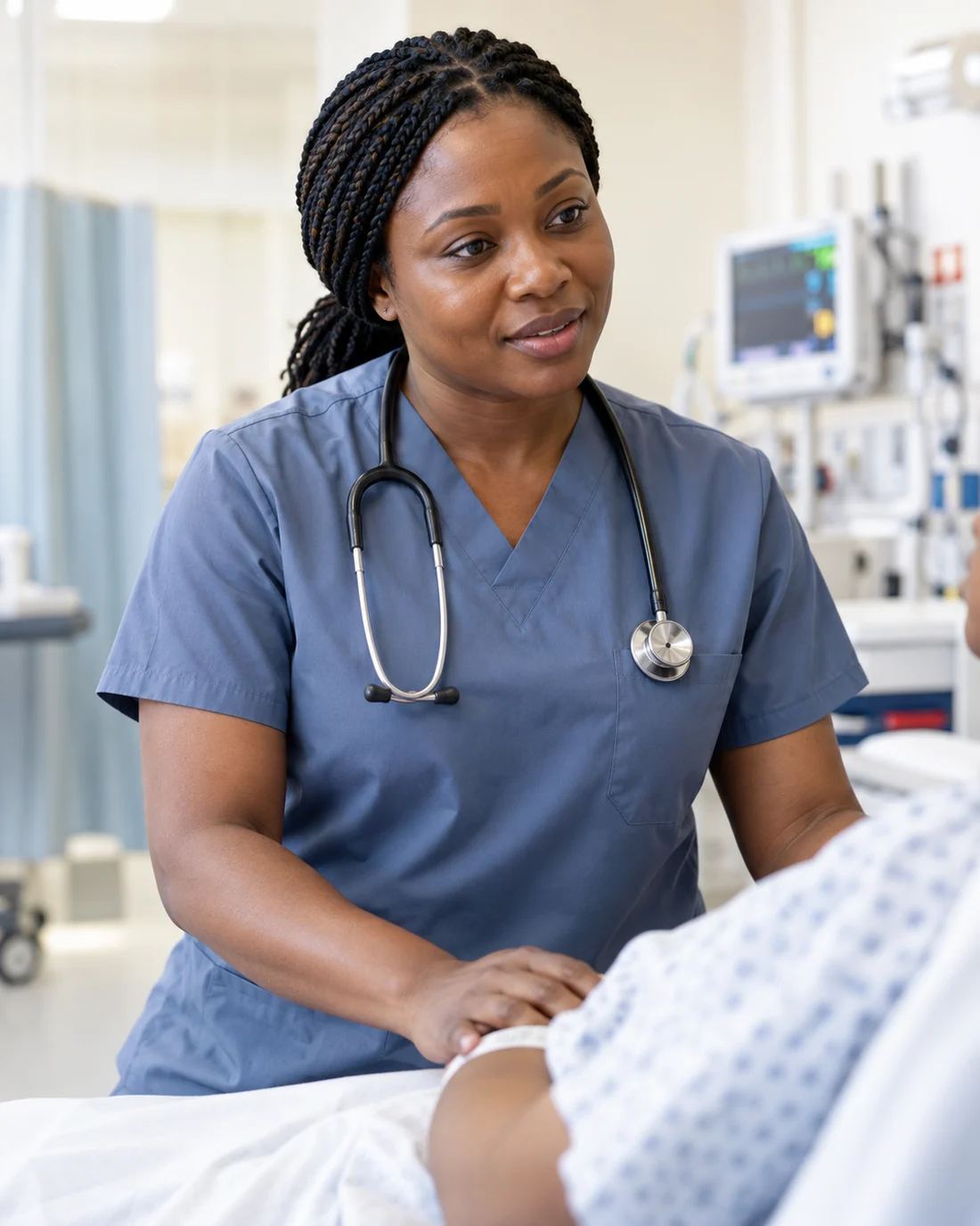 A clinician attending to a patient in an emergency department